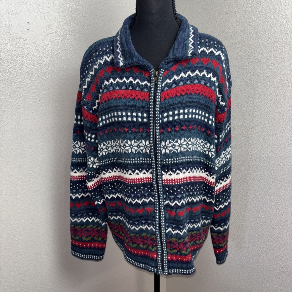 Vtg Tiara International Sweater Women's XL Blue Fair Isle Zip Cardiganâ Hearts